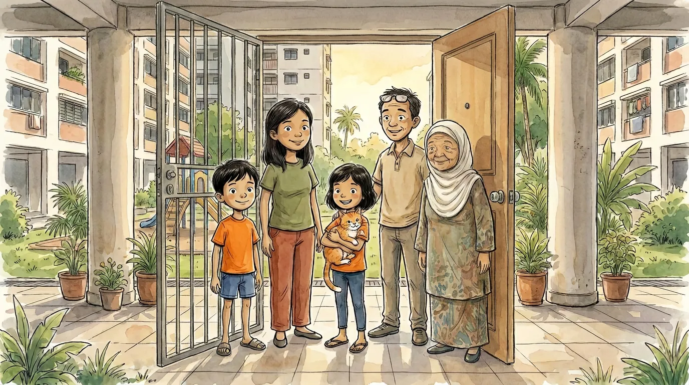 Adam, Zara, Mak, Ayah dan Nenek di pintu rumah