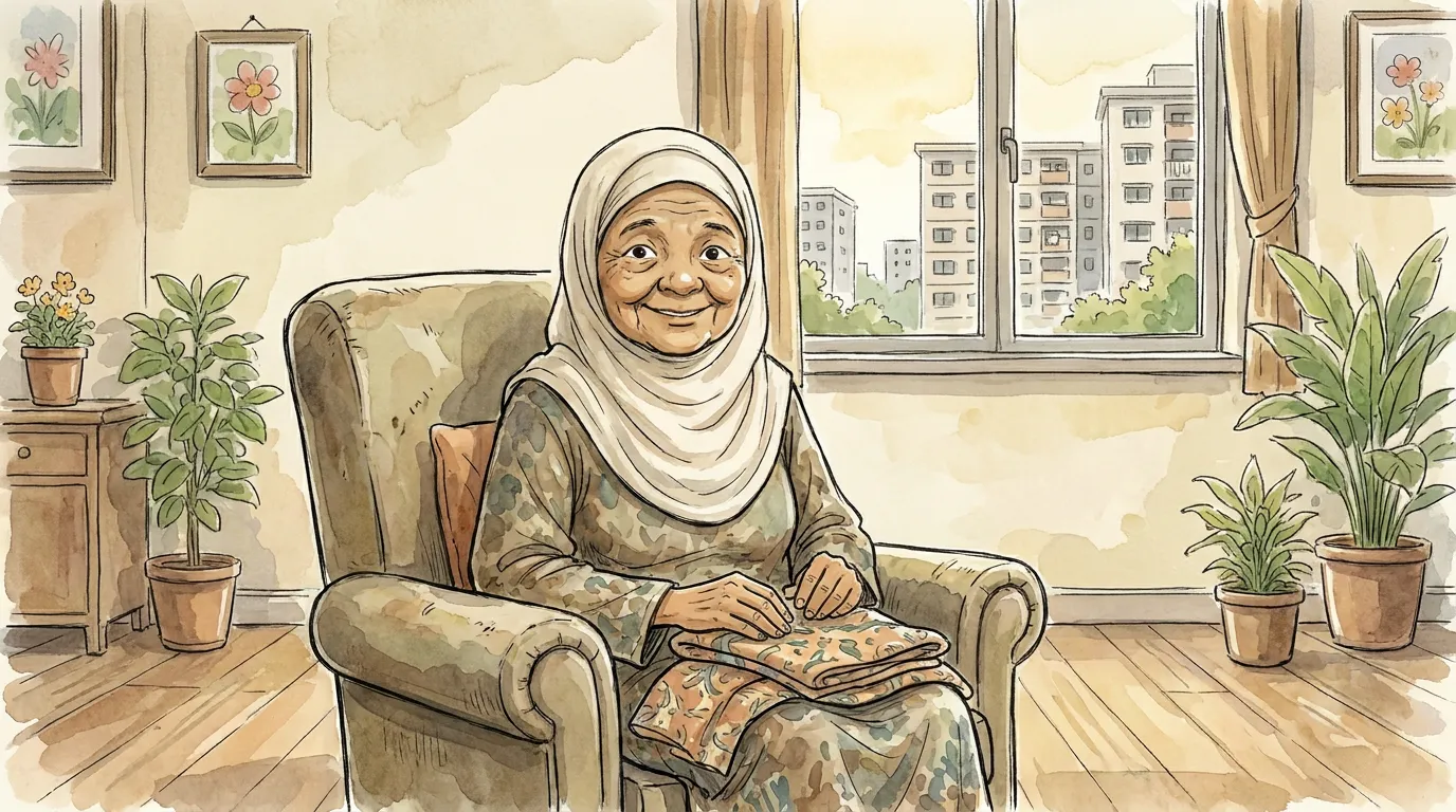 Nenek duduk di kerusi dekat tingkap